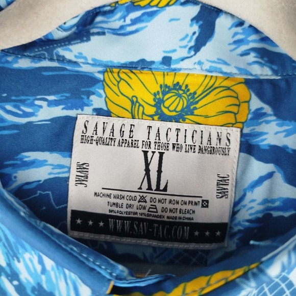 Savage Tacticians Floral Button Shirt Grenade Gun Blue Yellow Men's XL - Picture 4 of 8